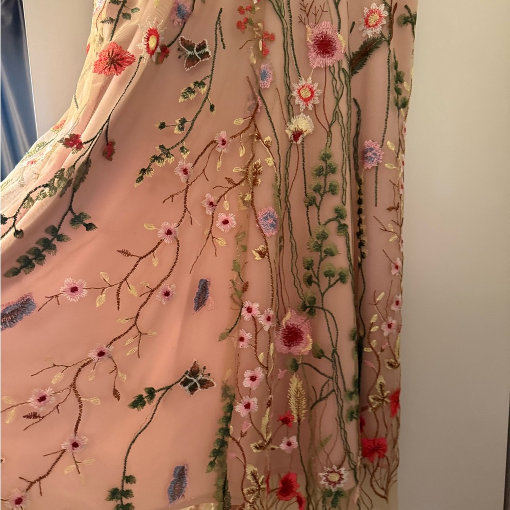 Eva Franco Floral Embroidered A-Line Skirt - Pink and Green